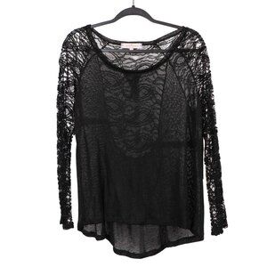 Sheer Lace Shirt XL Black Long Sleeve Top Elegant Boho Whimsigoth Hi-Low Fairy